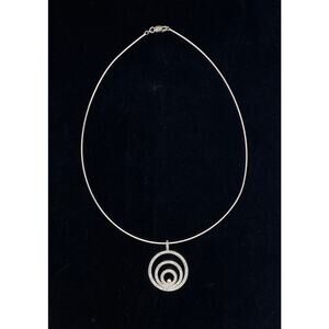 Sterling Silver Concentric Circles CZ Pendant & 16" Omega Necklace 1.3mm Italy